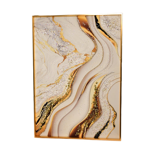 Luxury Abstract Crystal Wall Art | Gold & Pearl Marble Wave Design in Metallic Frame