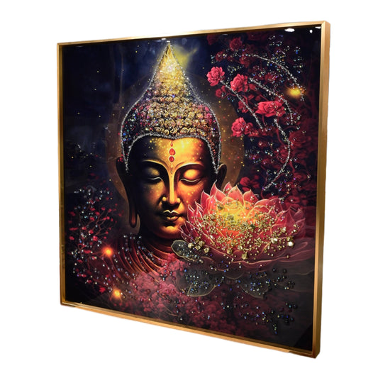 Divine Buddha Wall Art | Illuminated Lotus & Floral Harmony in Gold Frame
