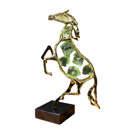 Rearing Horse Crystal Sculpture | Gold Metal Art with Green Gemstone Accents