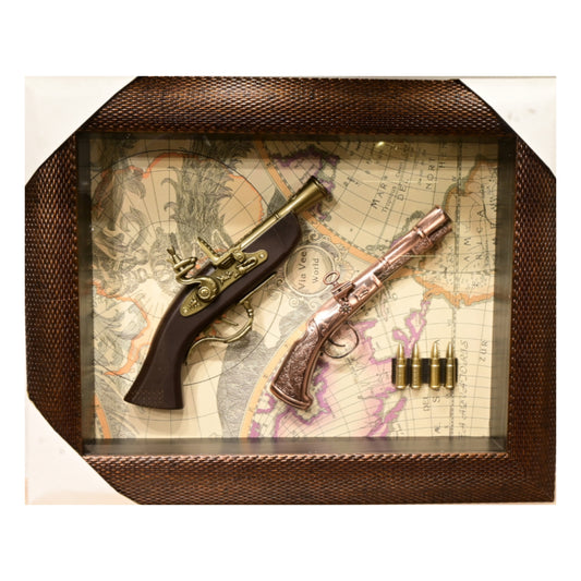 Vintage Decorative Gun Shadow Box | Antique Pistols & Map Display in Rustic Frame
