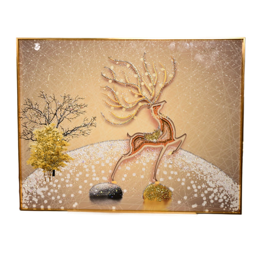 Golden Deer Wall Art | 3D Winter Forest Framed Painting for Living Room, Bedroom & Office Decor